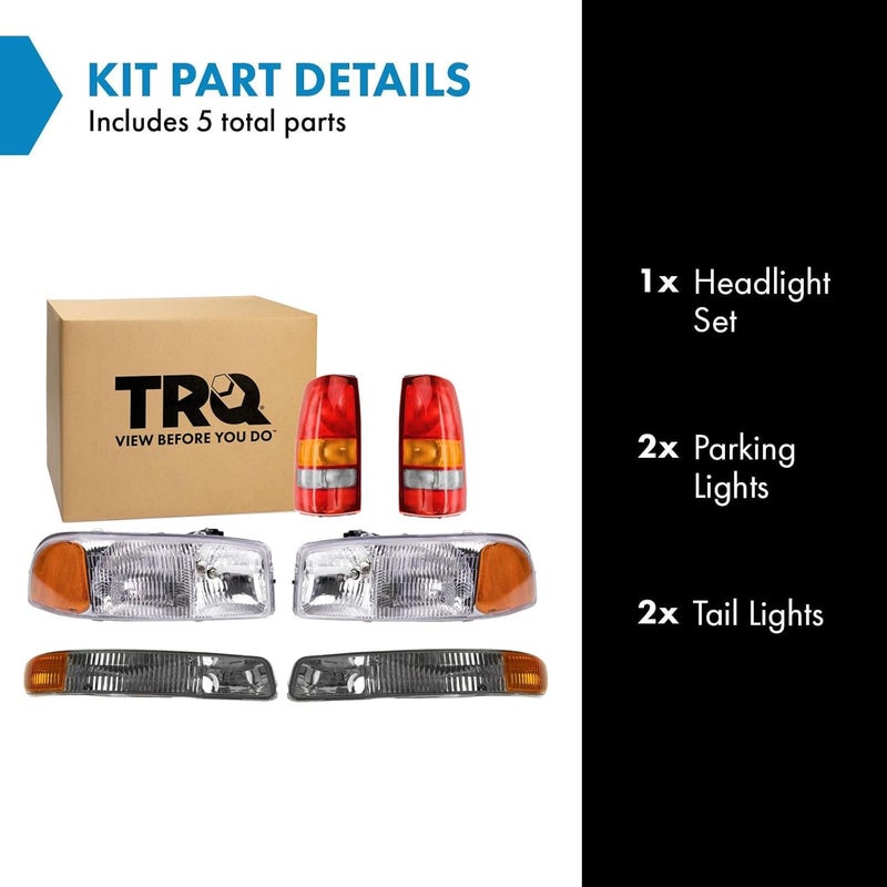 TRQ 6 Piece Driver & Passenger Side Headlight Parking Light Tail Light Assembly Set Compatible with 1999-2002 Chevy Silverado 1500 2500 & HD 1999-2003 GMC Sierra 1500 2500 With Fleetside Bed GM2502188 - Image 2